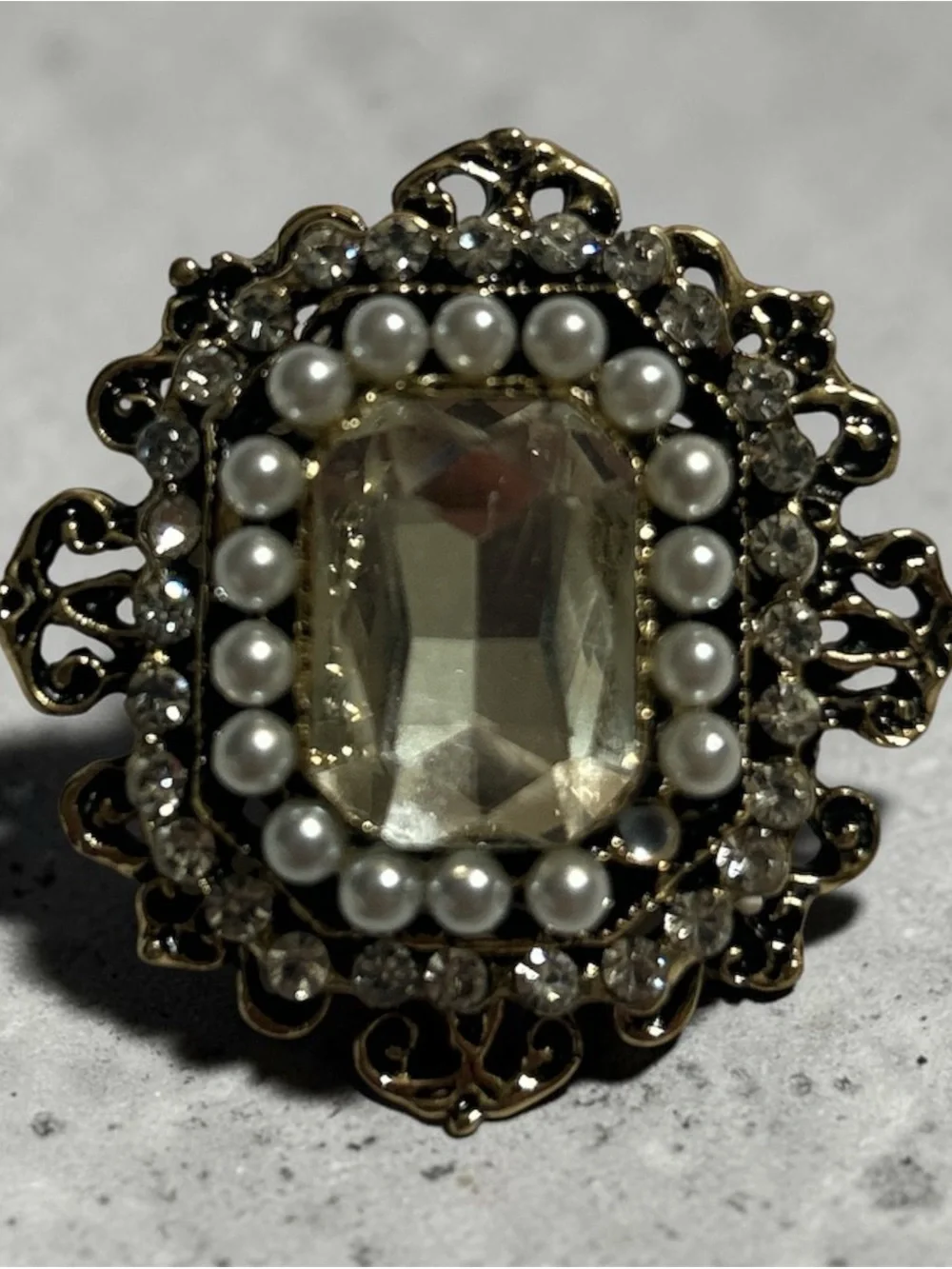 Vintage-Inspired Gold Pearl & Crystal Statement Ring - White